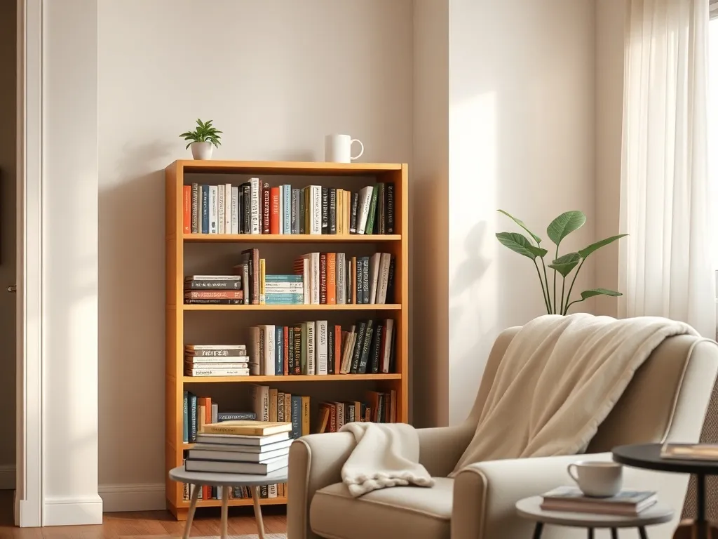 Przytulny kącik z prostym regałem na książki, fotelem i stolikiem – inspiracja do stworzenia domowej biblioteczki.