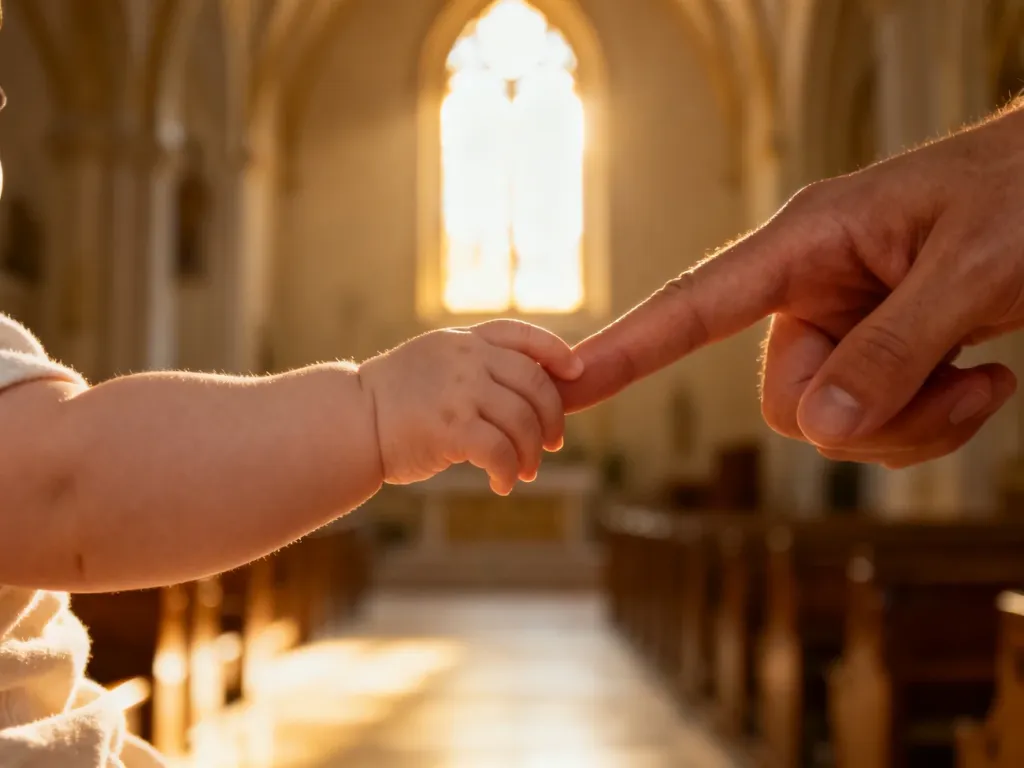 Dziecięca dłoń trzymająca palec dorosłego na tle rozmytego wnętrza kościoła, symbolizująca więź i duchowy początek.