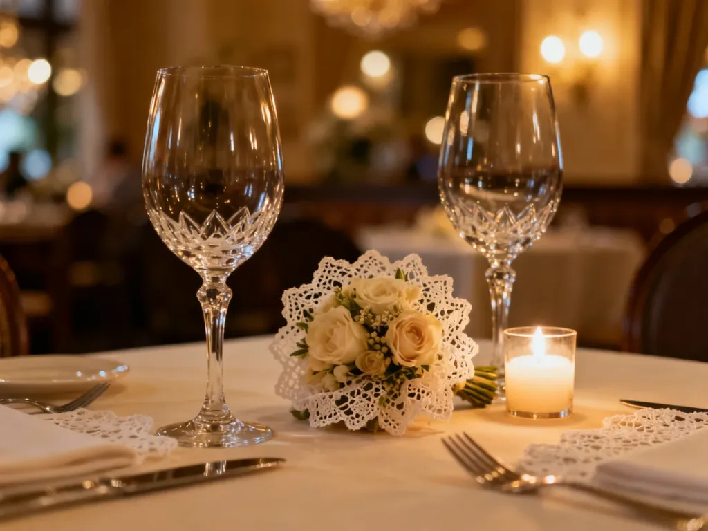 Elegancko nakryty stół z winem i kwiatami w romantycznej restauracji, idealny na świętowanie 13. rocznicy ślubu.