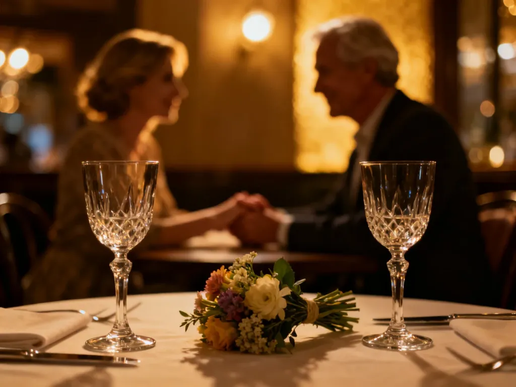 Elegancko nakryty stół z winem i kwiatami oraz trzymająca się za ręce dojrzała para w romantycznej scenerii restauracji.