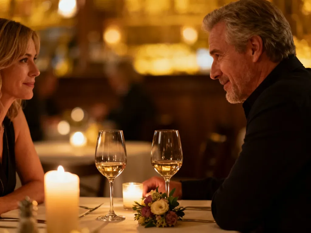 Para w średnim wieku podczas romantycznej kolacji przy świecach, celebrująca rocznicę ślubu w przytulnej restauracji.