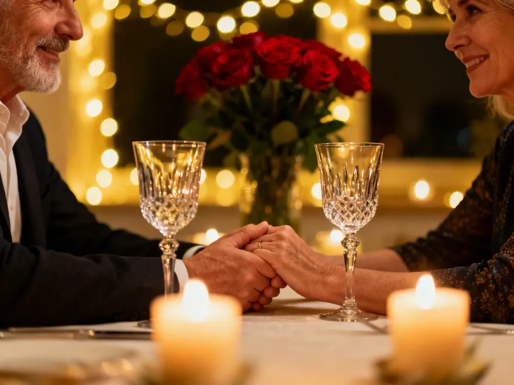 Para w średnim wieku trzymająca się za ręce przy romantycznej kolacji z winem i różami, świętująca rocznicę ślubu.