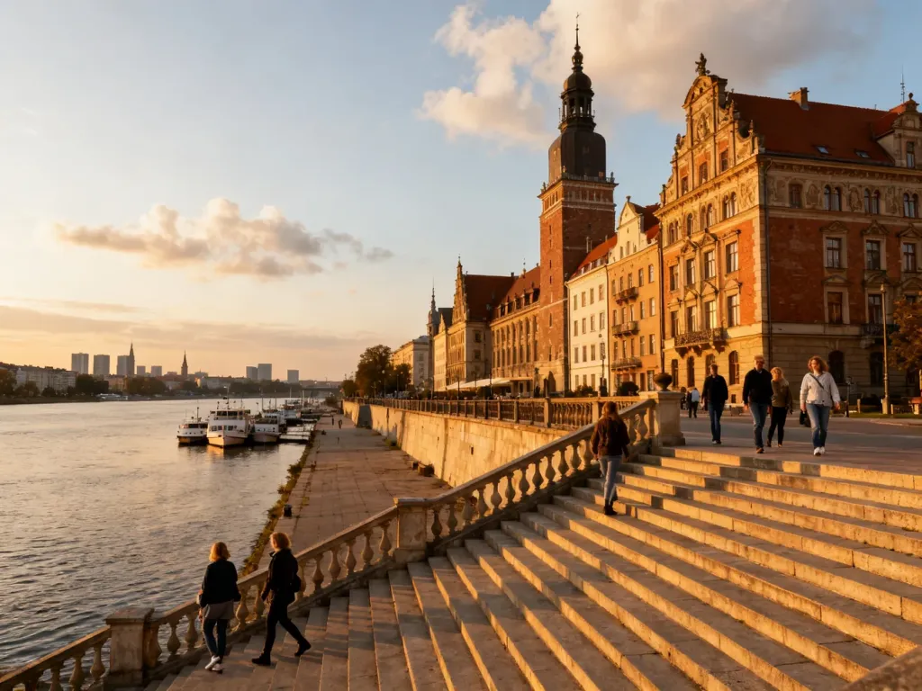 Wały Chrobrego w Szczecinie o złotej godzinie, turyści spacerują wzdłuż Odry i podziwiają zabytkową architekturę, no text on the picture