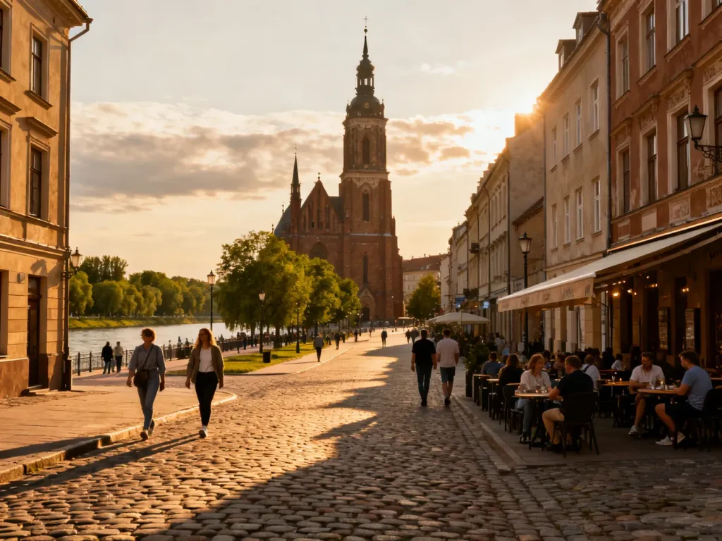Gorzowski rynek o złotej godzinie z brukowaną ulicą, katedrą i kamienicami, spacerowiczami i kawiarniami nad Wartą, no text on the picture