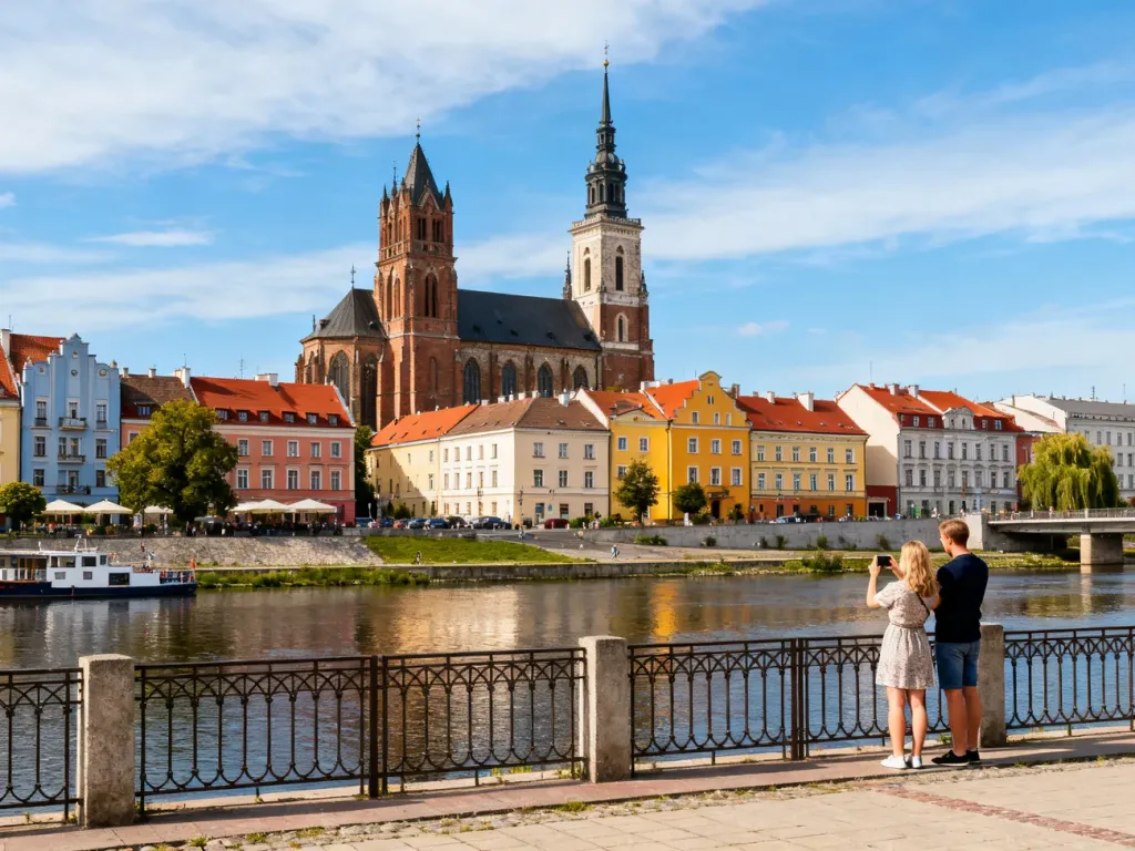 Para turystów spaceruje nad Odrą w Opolu, podziwiając katedrę i kolorowe kamienice starego miasta, no text on the picture