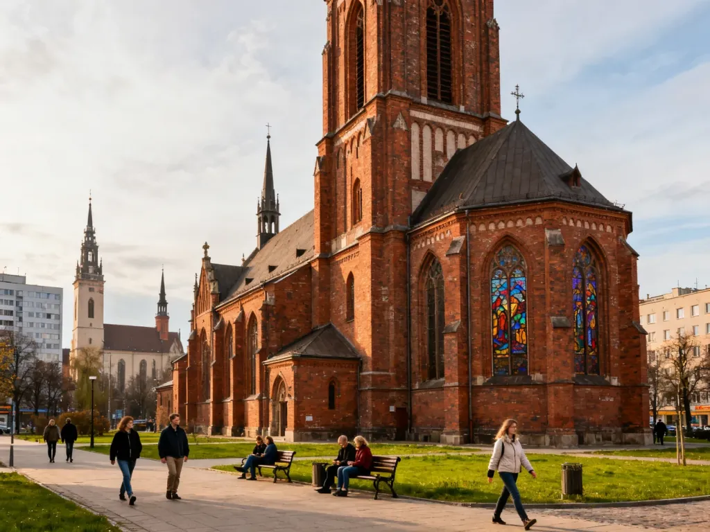 Zabytkowy, ceglasty kościół w Katowicach na tle nowoczesnej zabudowy, otoczony skwerem z ludźmi; no text on the picture
