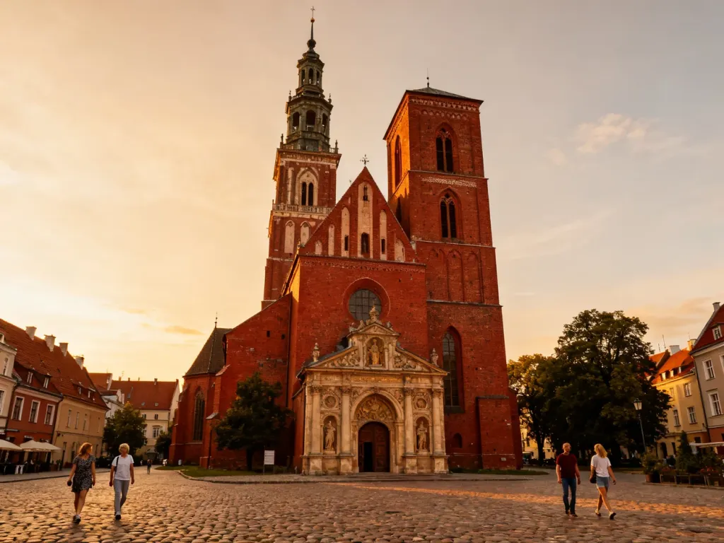 Gotycki kościół z cegły w Olsztynie o zachodzie słońca, wieża nad brukowanym placem, spacerujący turyści; no text on the picture